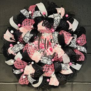 Valentines Day Wreath Front Door Deco Mesh Pink White & Black Handmade 22 Inch